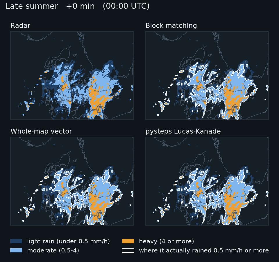 Late summer, 9 September 2026: radar and three forecasts for the next two hours